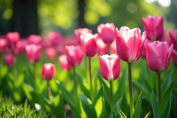 Obraz premium Pink and purple tulips growing among the grass, outdoor, beautiful, flower