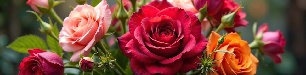 Vibrant bouquet of flowers with a large red rose at its center, nature's beauty, floral arrangement, spring flowers