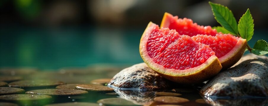 Pomelo rojo brillante sobre piedra en el agua, invernal, agua, frutas