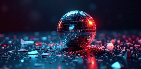 Fototapeta premium Shattered disco ball fragment on a dark floor, broken, mirror