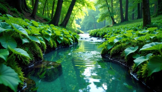 Serpentine blue river with dense green duckweed lemna plant growth, blue river, forest surroundings