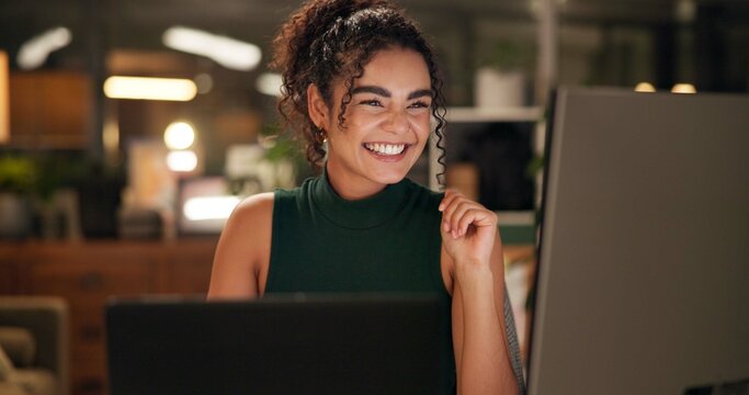 Happy, computer and success with business woman in office for magazine layout, art director and client approval. Media feedback, creative project and good news with person in design agency at night