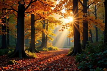 Obraz premium Softly filtered sunlight peeks through dense forest canopy, trees, autumn colors, sunlight filtering
