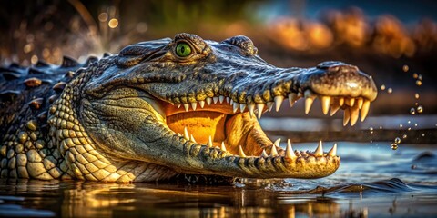 Obraz premium Chobe River Nile Crocodile, Botswana Wildlife Photography, Urban Exploration, Open Mouth, Teeth, Dangerous Reptile, African Safari Adventure