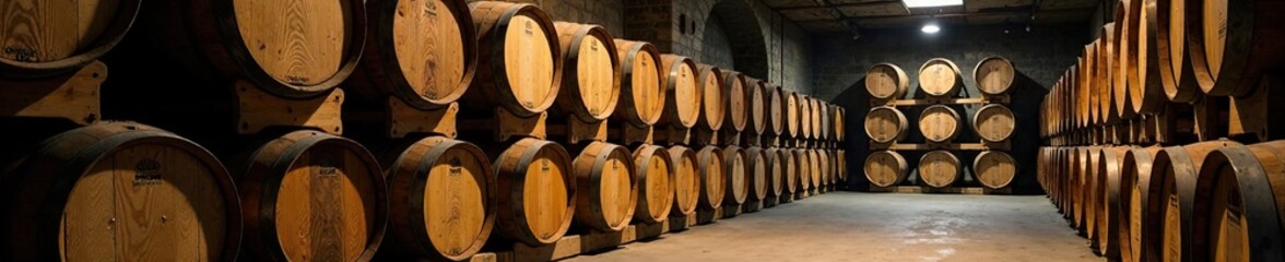 Stack of old oak barrels lined up on wooden shelves, wooden furniture, dimly lit space, wine storage