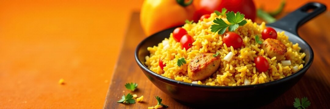 Spicy chicken bryani fried rice mixed with diced tomatoes and onions, kitchen utensils, orange background