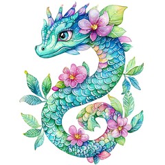 Watercolor illustration of a whimsical, turquoise dragon adorned with pink flowers and lush green leaves, perfect for children's books, fantasy art, or whimsical designs.