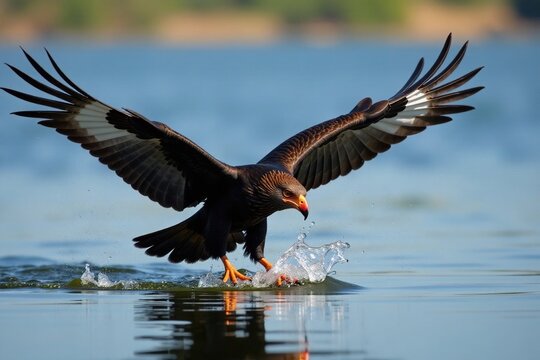 Chimango Caracara Milvago chimango swooping down to grab prey from the water's surface, chimango caracara milvago chimango, nature, bird of prey