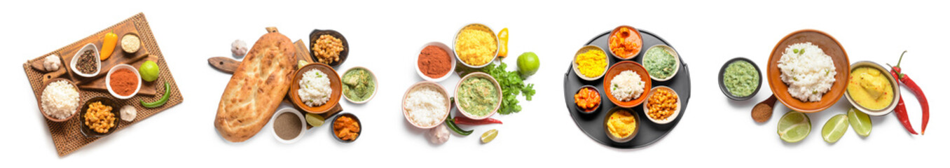 Set of many traditional Indian food on white background, top view