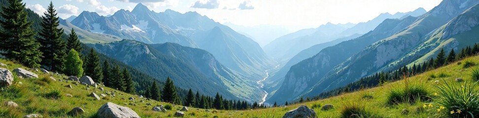 Fototapeta premium Cutout of a small valley with trees and rocks in the midst of a vast mountain range, nature, terrain