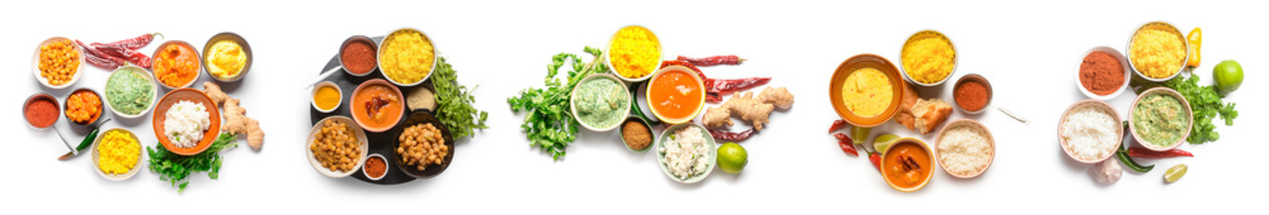 Set of different traditional Indian food on white background, top view