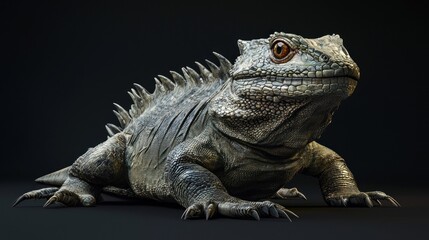 Fototapeta premium Detailed Close-Up of a Reptile with Spiky Scales and Prominent Eyes in a Dark Setting