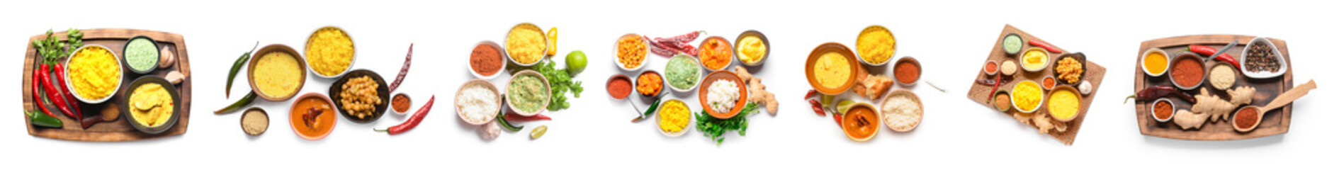 Set of traditional Indian food on white background, top view