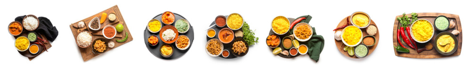 Set of traditional Indian food on white background, top view