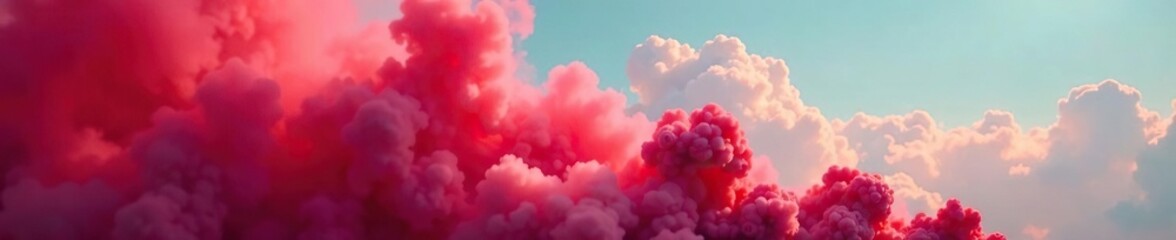 Vibrant red smoke rising high into the sky on a cloudy day, air pollution, smoke trail, colorful haze