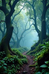 Dense misty forest with twisted tree trunks and gnarled branches, rugged terrain, overgrown vegetation