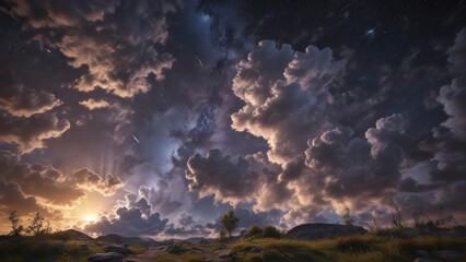 Fototapeta premium Wettervorhang mit dichten Wolken und Sternen ?ber bewaldeten H?geln, foggy clouds, dark landscape