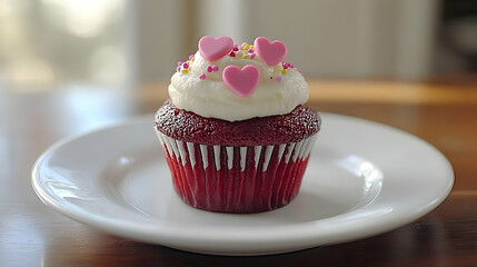Red Velvet Cupcake with Pink Hearts Illustration