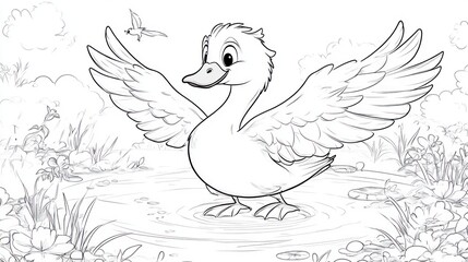 Fototapeta premium Playful Cartoon Swan in Meadow Coloring Page for Kids