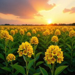 Fototapeta premium Field of golden wattle flowers with green leaves against a warm sunset sky, field, landscape, vast space
