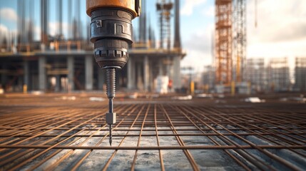 Close-up of drill bit piercing rebar mesh on construction site.