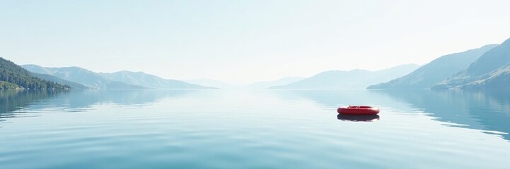 A small red life buoy isolated on a large white lake surface, stillness, peaceful, lake