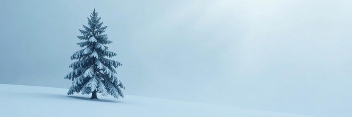 Obraz premium A solitary pine tree rises from a sea of icy snow under dense fog, solitude, serene, pine tree