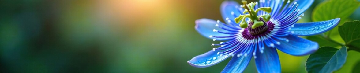 Blue passion flower blooms with dew drops and morning light effects, floral photography,