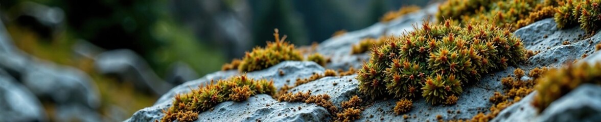 Fototapeta premium Granite blocks with moss and lichen in a quarry, lichen, granite blocks