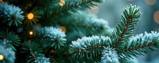 Icy foliage and frosty branches on a Christmas tree, icy foliage, green
