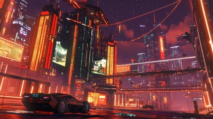Obraz premium Spectacular nighttime in cyberpunk city of the futuristic fantasy world features skyscrapers, flying cars, and neon lights. Digital art 3D illustration. Acrylic painting.