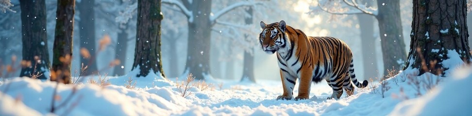 Obraz premium Large Bengal tiger in the snowy forest with trees, bengal, landscape, snow