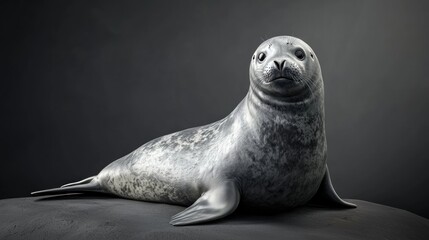 Naklejka premium Full-Body Portrait of a Curious Seal with Textured Skin Against a Dark Background in a Studio Setting