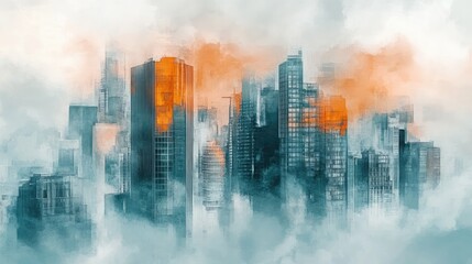 Fototapeta premium Spectacular watercolor painting of an abstract urban, cityscape, skyscraper scene in orange and teal, grayish smog. Double exposure building. Digital art 3D illustration.