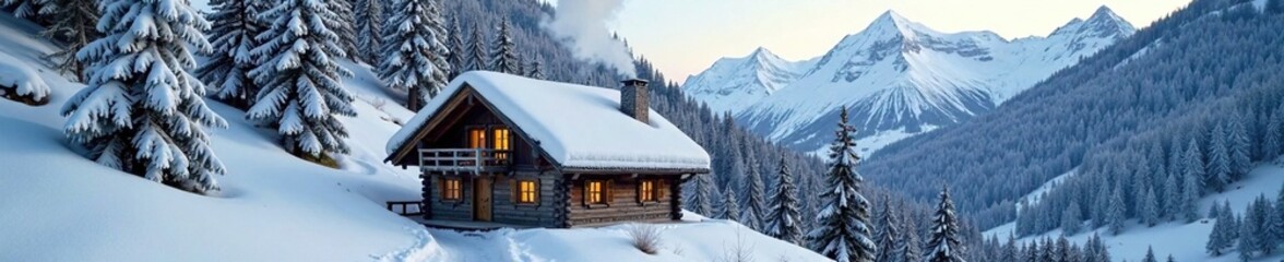 Cozy snow-covered cottage in Moena with a wooden roof and smoke rising from the chimney, snow, italian dolomites