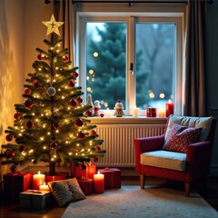 Cozy living room with a christmas tree and candles, holiday ambiance, sparkling decorations