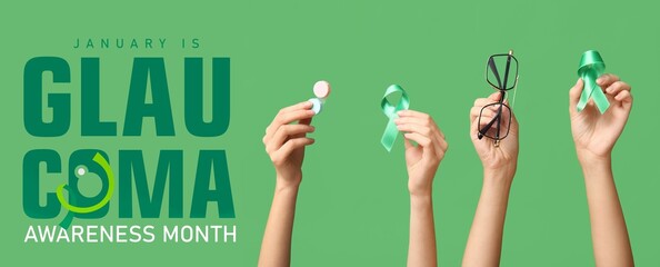 Hands with container for contact lenses, green ribbons and glasses on color background. Banner for Glaucoma Awareness Month