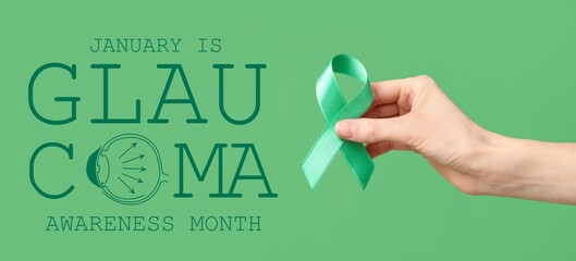 Hand with ribbon on green background. Banner for Glaucoma Awareness Month