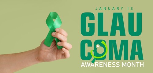 Hand with green ribbon on color background. Banner for Glaucoma Awareness Month