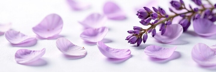 Naklejka premium Delicate lavender petals scattered on a crisp white surface, edible, delicate