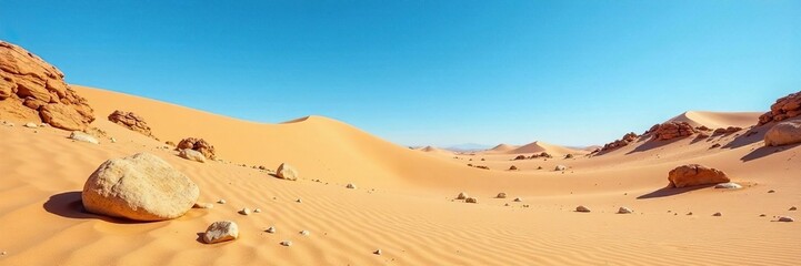 Desert landscape with sandy dunes and scattered stones under a bright blue sky, stone, sand