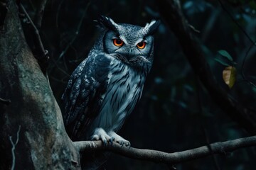Majestic owl perched on tree branch at night.