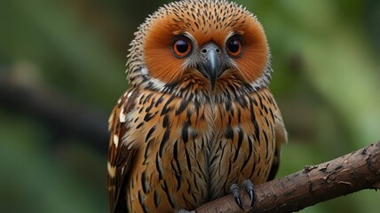 Close-up of a beautiful, curious,  small owl perched on a branch, showcasing its intricate plumage, with bright orange eyes and a focused gaze..