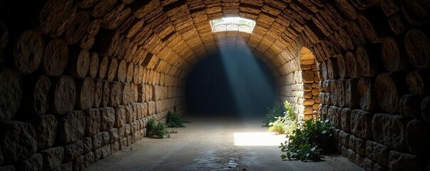 Dimly lit cellar with natural light pouring through the skylight, rustic, stone walls, dimly lit