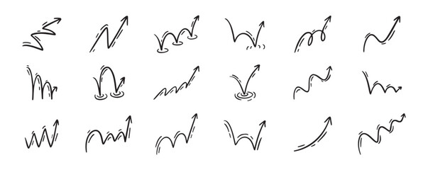 Bounce effect arrows doodle set. Manga and comic stile arrow design elements. Ball jump trajectory, ball motion expression
