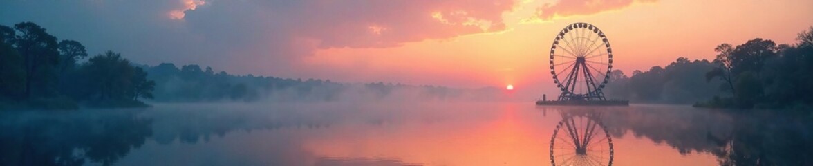 Ferris wheel submerged in a misty lake at dawn, scenery, lake