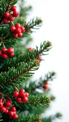evergreen fir tree with bright red berries on white background, red berries, evergreen