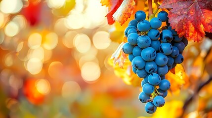 Ripe blue grapes on the vine at sunset.