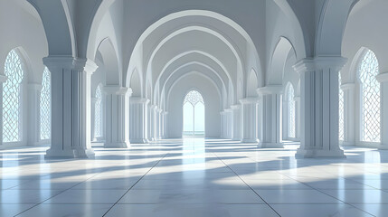 A serene, spacious interior featuring arches and large windows, creating a tranquil atmosphere.