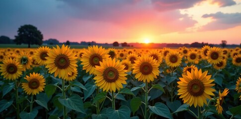 Obraz premium Field of golden sunflowers at sunrise with blue and pink hues, dawn, nature